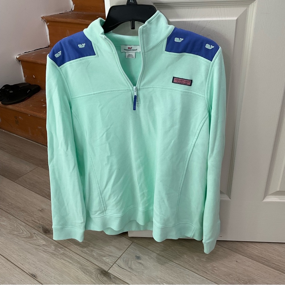 Vineyard vines womens quarter zip sweatshirt whale print green blue sz XL